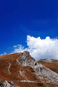 Low angle view of snowcapped mountain against blue sky