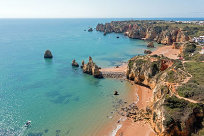 Aerial from natural rocks near lagos in the algarve portugal