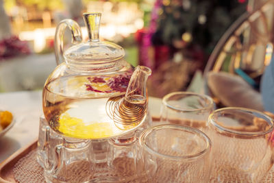 Close-up of drink in glass jar on table