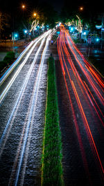 High angle view of light trails on city street