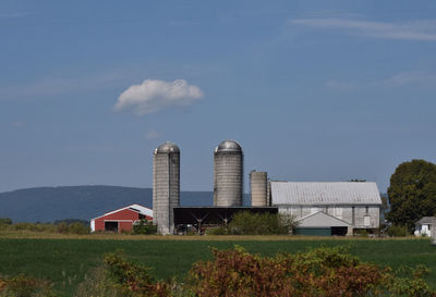 Farm in field against sky