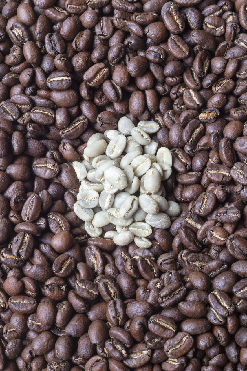 HIGH ANGLE VIEW OF COFFEE BEANS IN GLASS