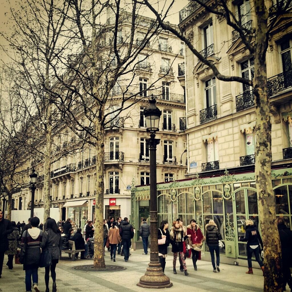 building exterior, architecture, large group of people, men, built structure, person, walking, lifestyles, tree, city, street, city life, leisure activity, mixed age range, bare tree, road, building, day, group of people