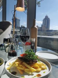 Close-up of food served on table
