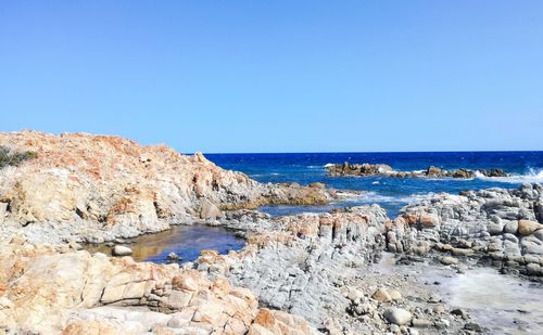 Scenic view of sea against clear blue sky