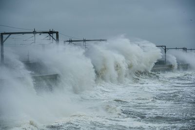 Water splashing in sea against sky