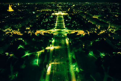 High angle view of illuminated cityscape at night