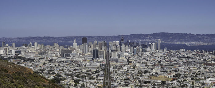 High angle view of cityscape against clear sky