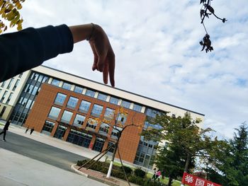 Low angle view of man hand against sky