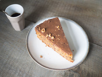 High angle view of cake in plate on table