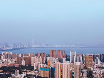 High angle view of cityscape against clear sky