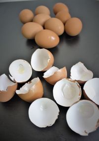 High angle view of eggs in container on table