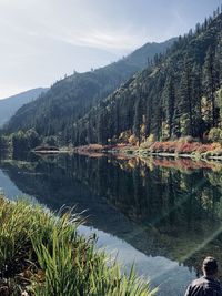 Scenic view of lake by trees against sky