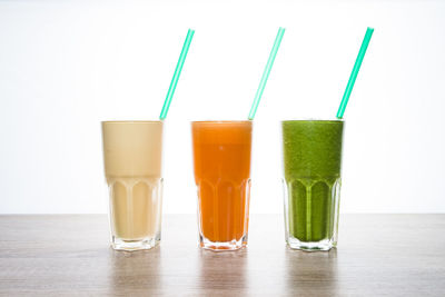 Close-up of drink on table against white background