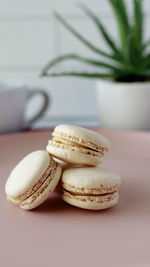 Stack of three fresh french pastel colorful macarons on plate served on table