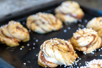 High angle view of breakfast on barbecue grill