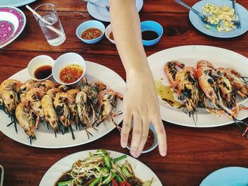 High angle view of food served on table