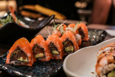 Close-up of sushi served in plate on table