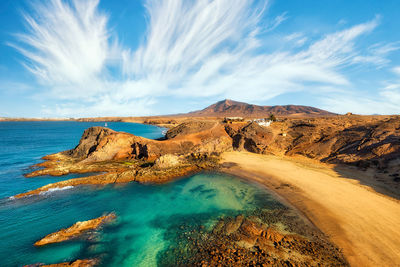 Panoramic view of sea and rocks against sky