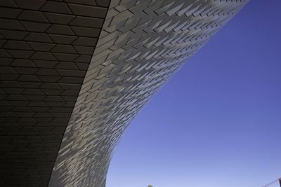 Low angle view of modern building against clear blue sky