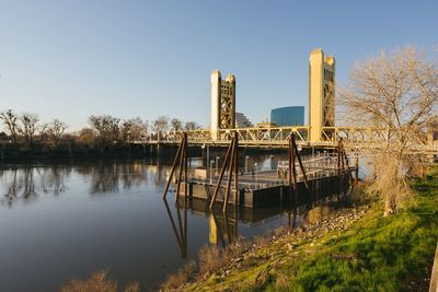 Scenic view of lake by building against clear sky