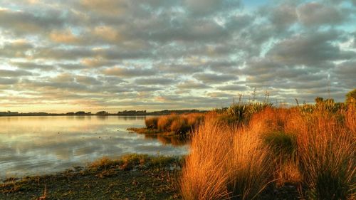 Scenic view of lake against cloudy sky