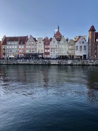 Buildings by river against clear sky