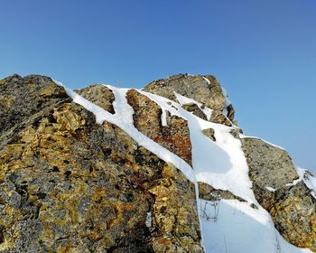 Scenic view of snow covered mountain against clear blue sky