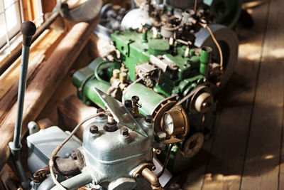 High angle view of machinery on table