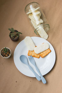 High angle view of dessert in plate on table