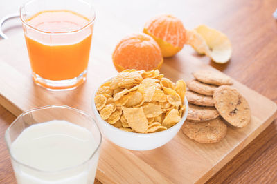 High angle view of breakfast on table