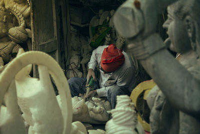 High angle view of people working