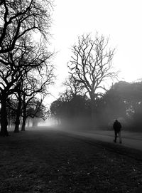 Rear view of man walking on field against sky