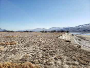 Scenic view of desert against clear blue sky