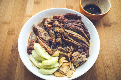 High angle view of meal served on table