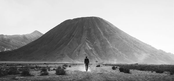 Rear view of man looking at mountains against clear sky