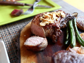 Close-up of meal served on table