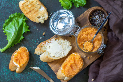 High angle view of breakfast on table