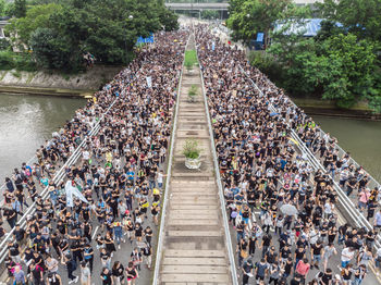 High angle view of people on the river