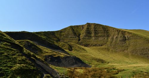 Scenic view of mountains against clear blue sky