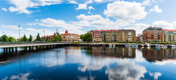 Buildings at halmstad city in front of still river, sweden