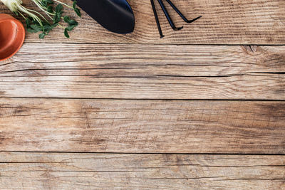 High angle view of bread on wooden table