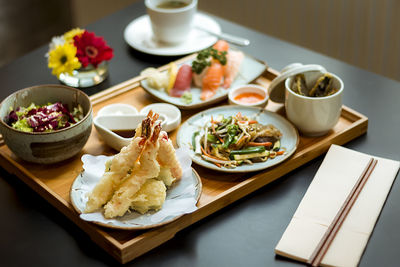 High angle view of food on table in restaurant