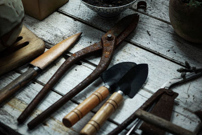 High angle view of work tools on table