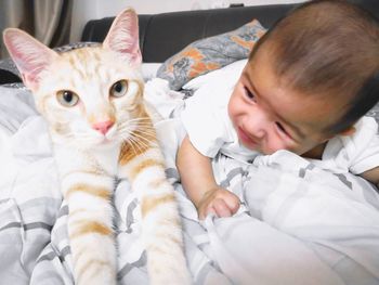 Portrait of cute boy playing with cat at home
