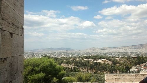 Trees and cityscape against sky