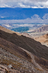 Road in himalayas near kardung la pass. ladakh, india