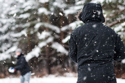 Rear view of man standing on snow