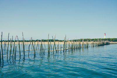 View of calm blue sea against clear sky