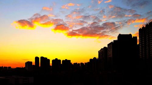 Silhouette of buildings at sunset